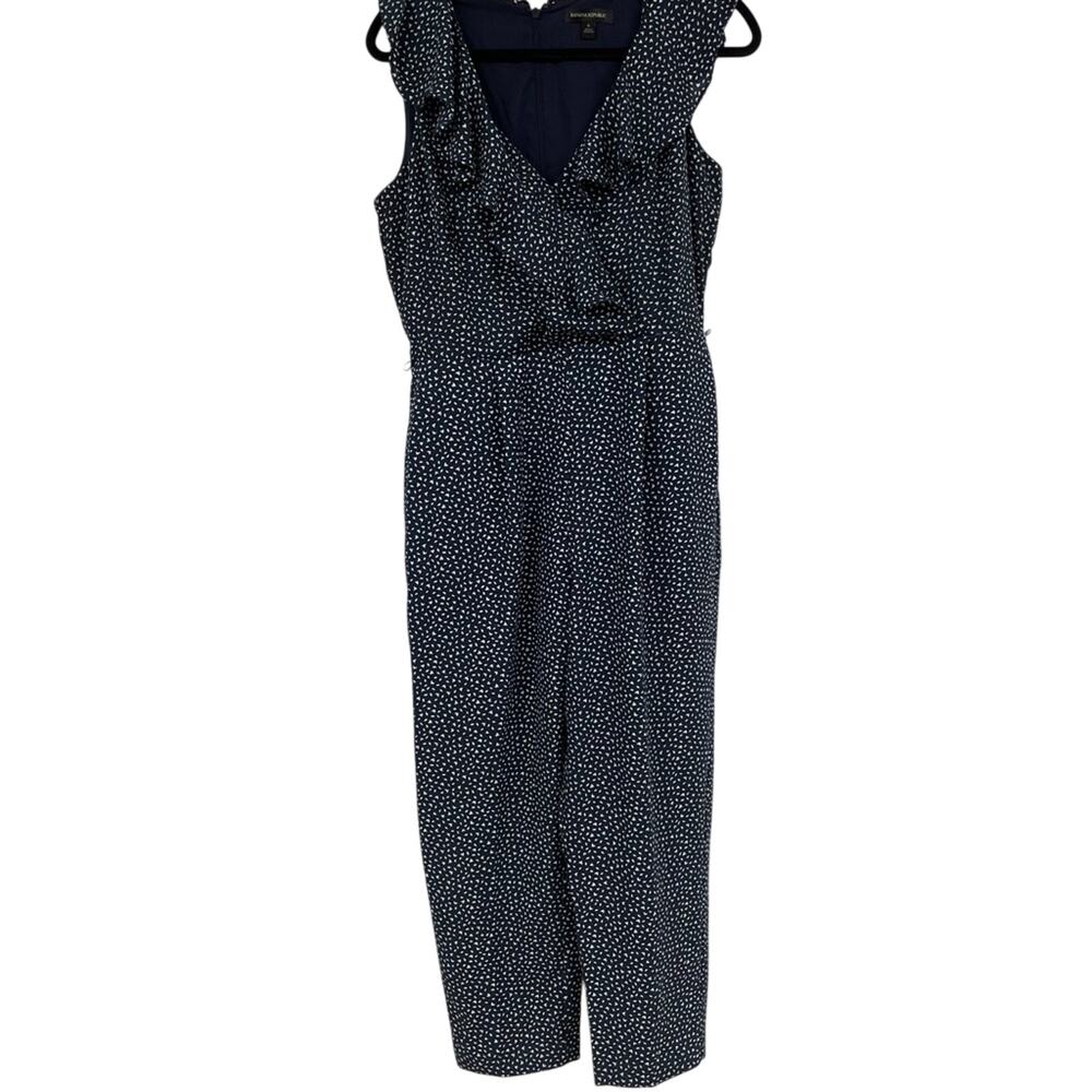 Banana Republic Blue White Spotted Ruffled Wide Leg Jumpsuit Womens 6 Sleeveless